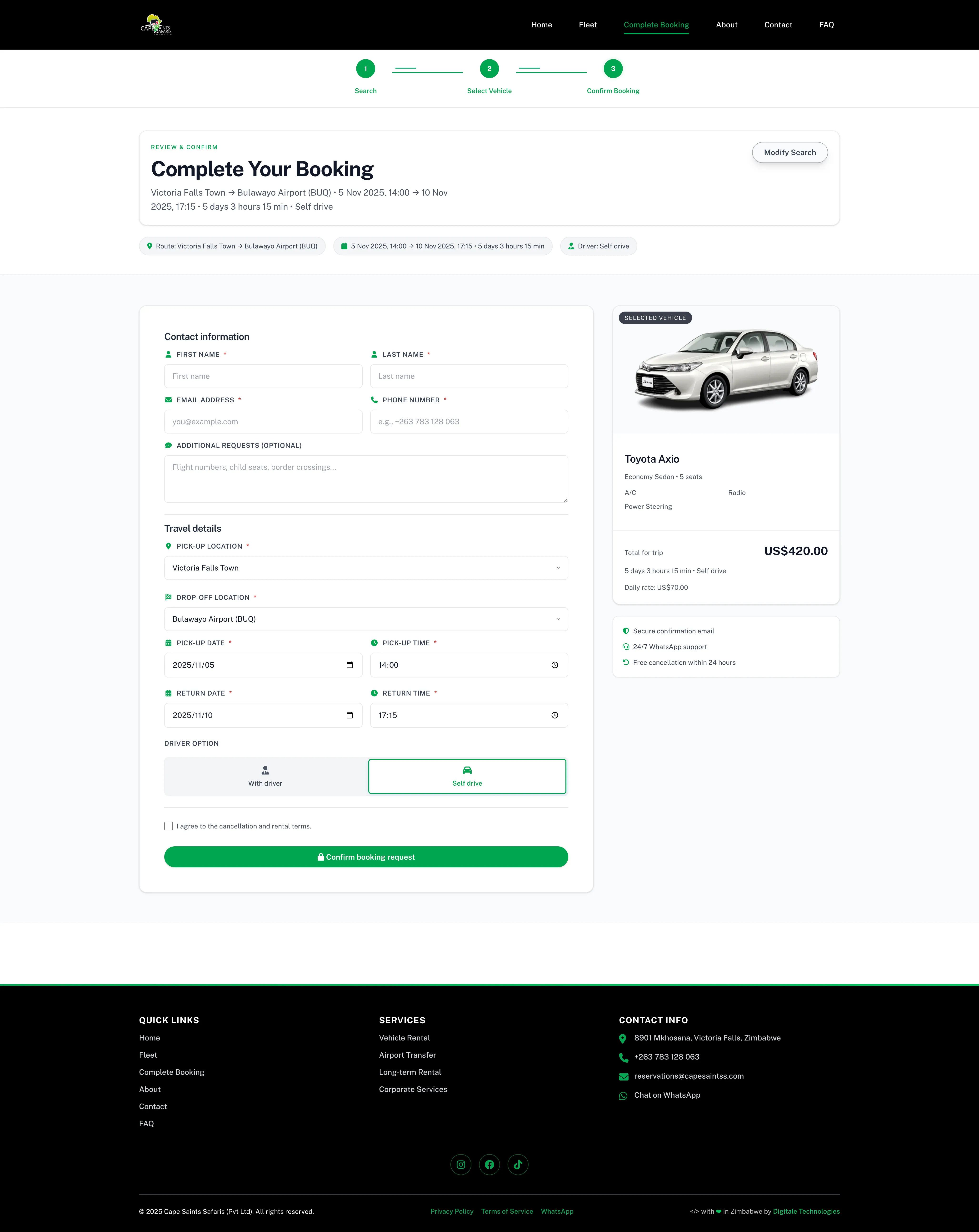 Cape Saints Safaris booking flow