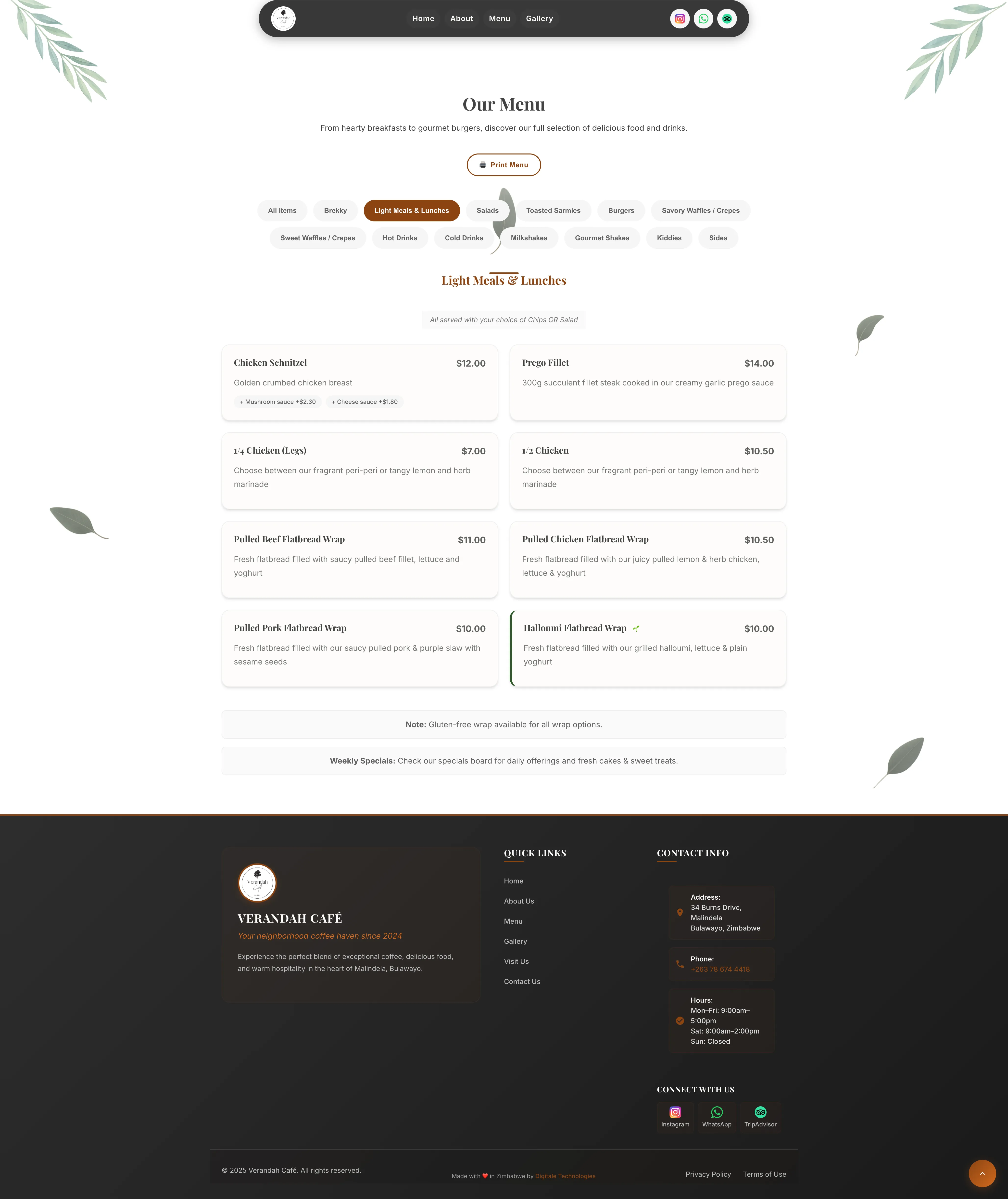 Verandah Café menu page