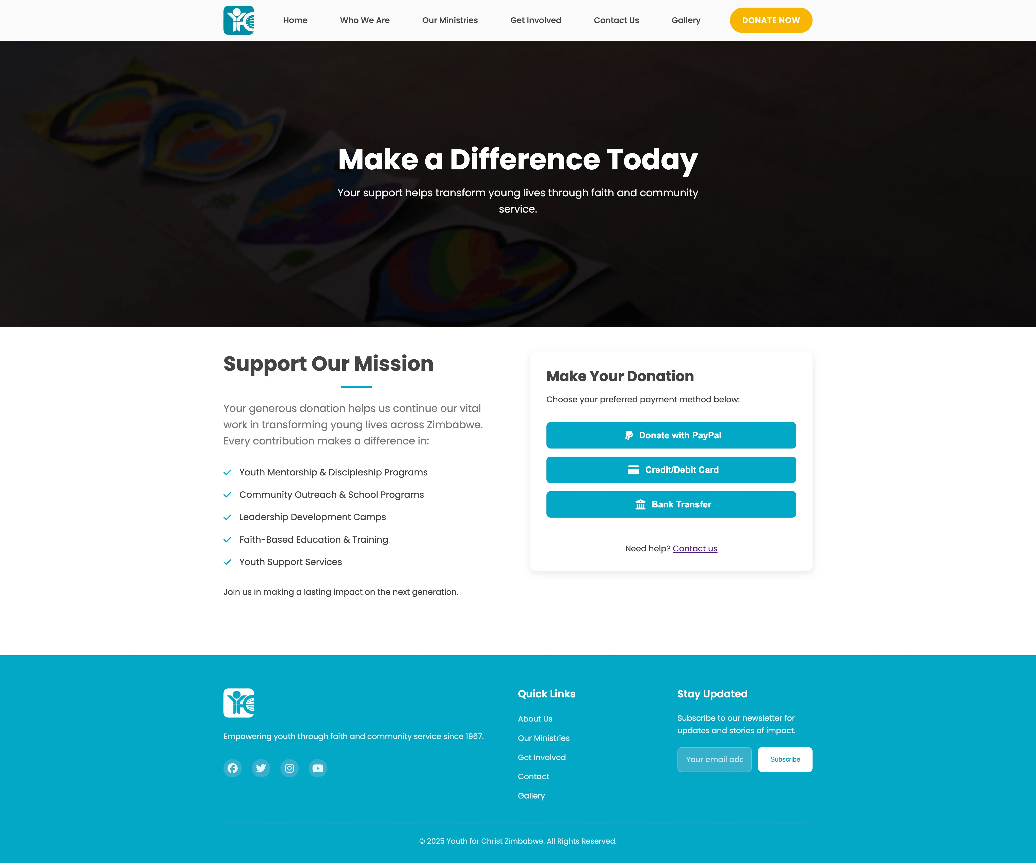 YFC Zimbabwe Donate Page - Secure donation interface with multiple giving options