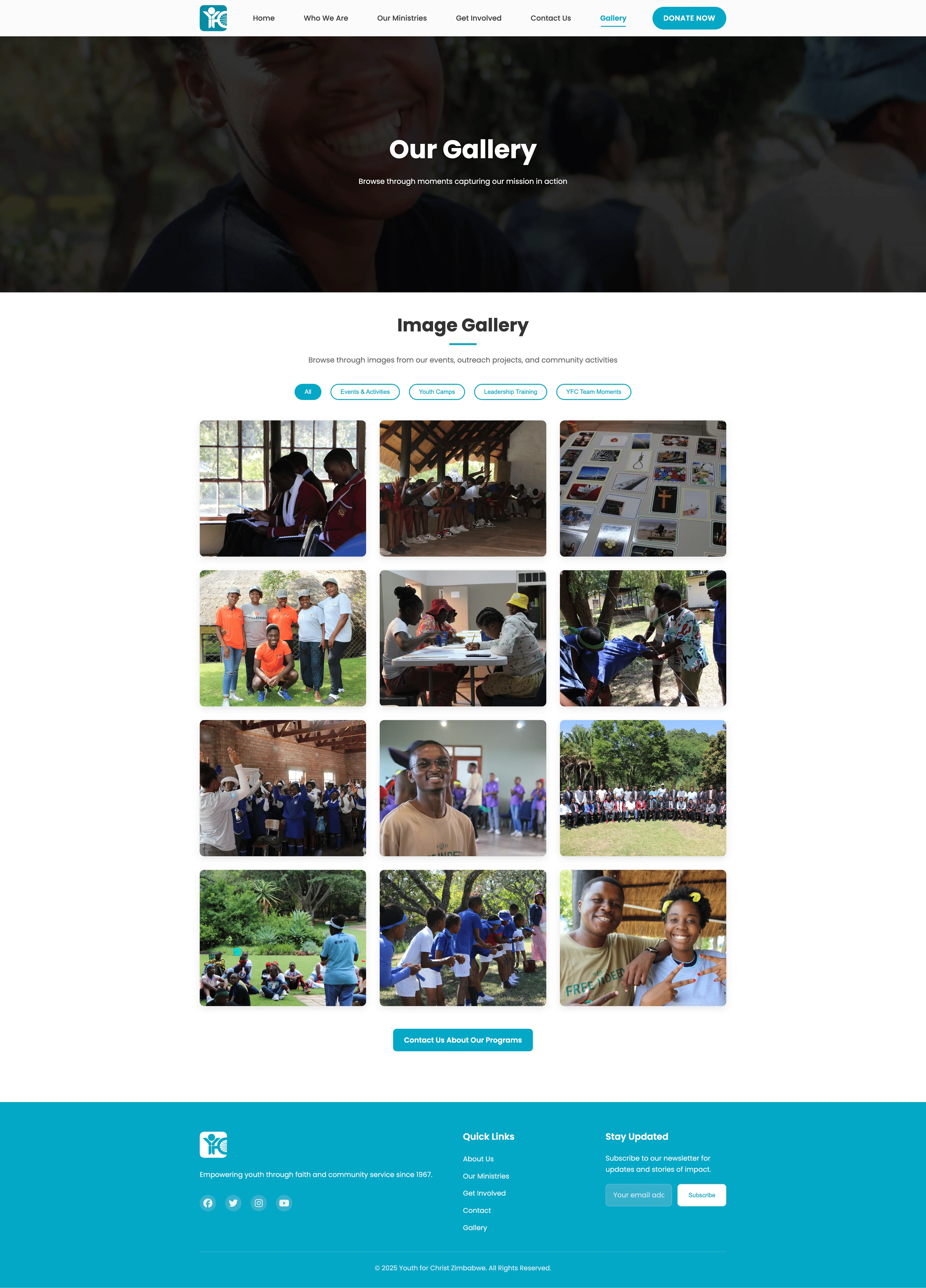YFC Zimbabwe Gallery Page - Dynamic photo showcase featuring youth programs and events