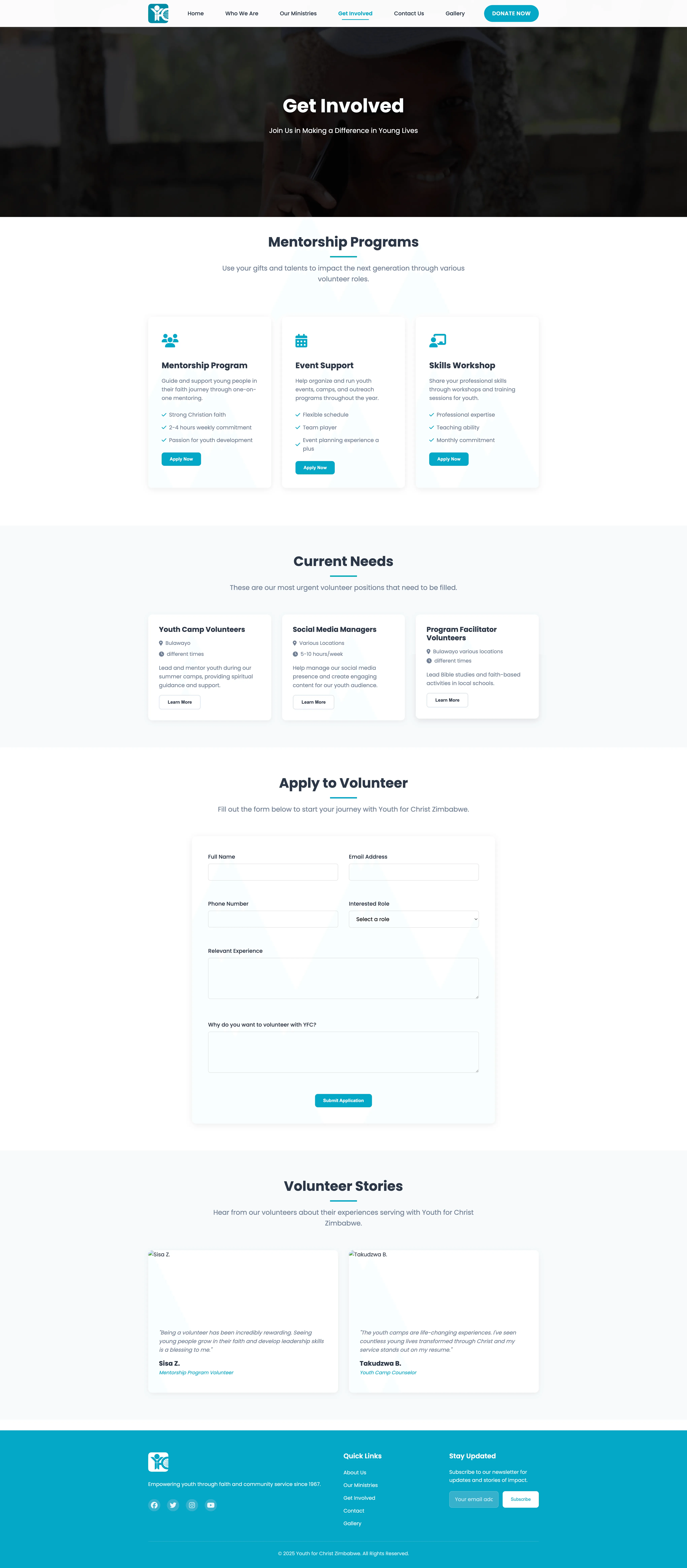 YFC Zimbabwe Get Involved Page - Interactive volunteer and participation opportunities