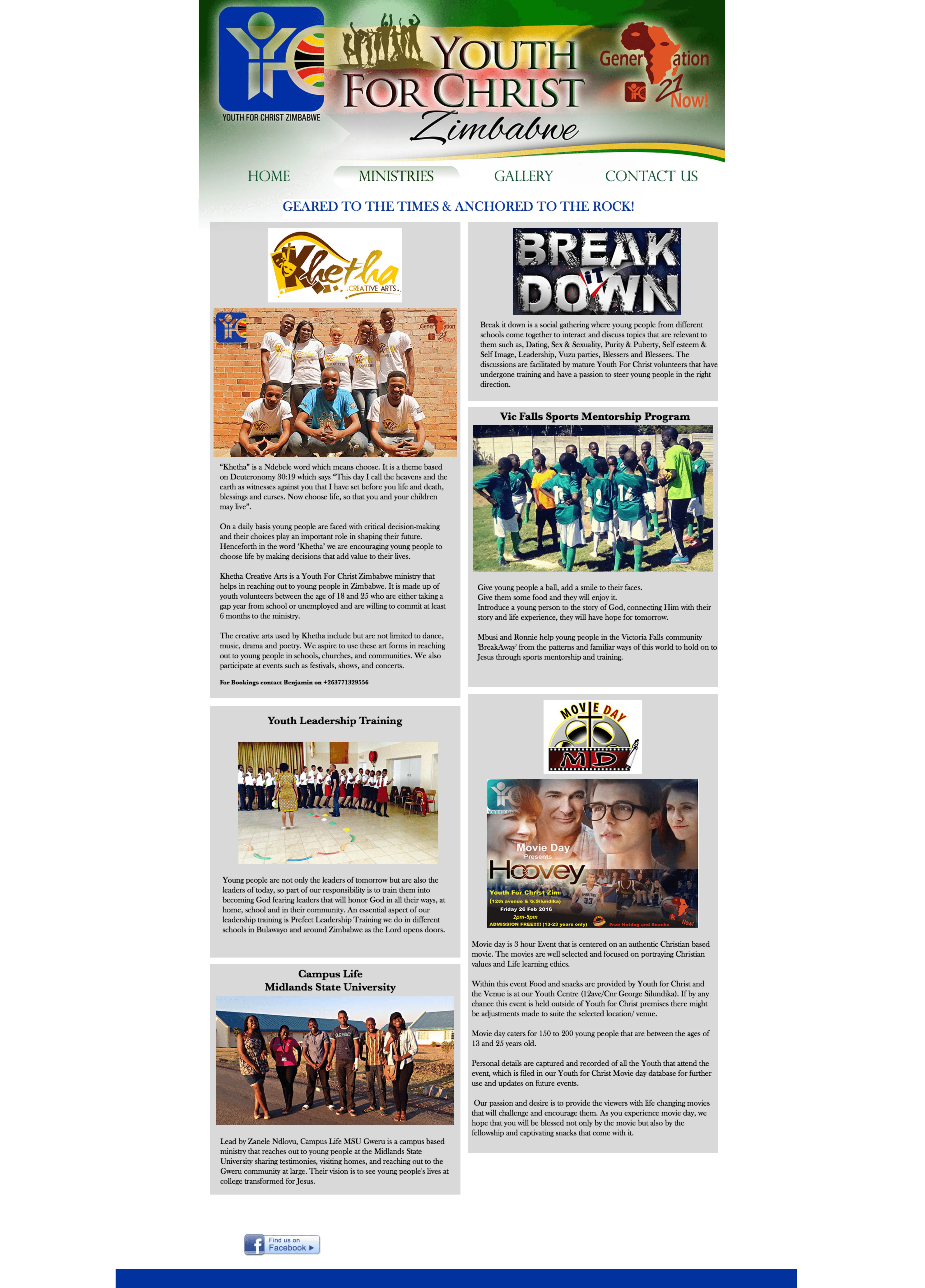 YFC Zimbabwe Programs Page Before - Basic layout with limited program information